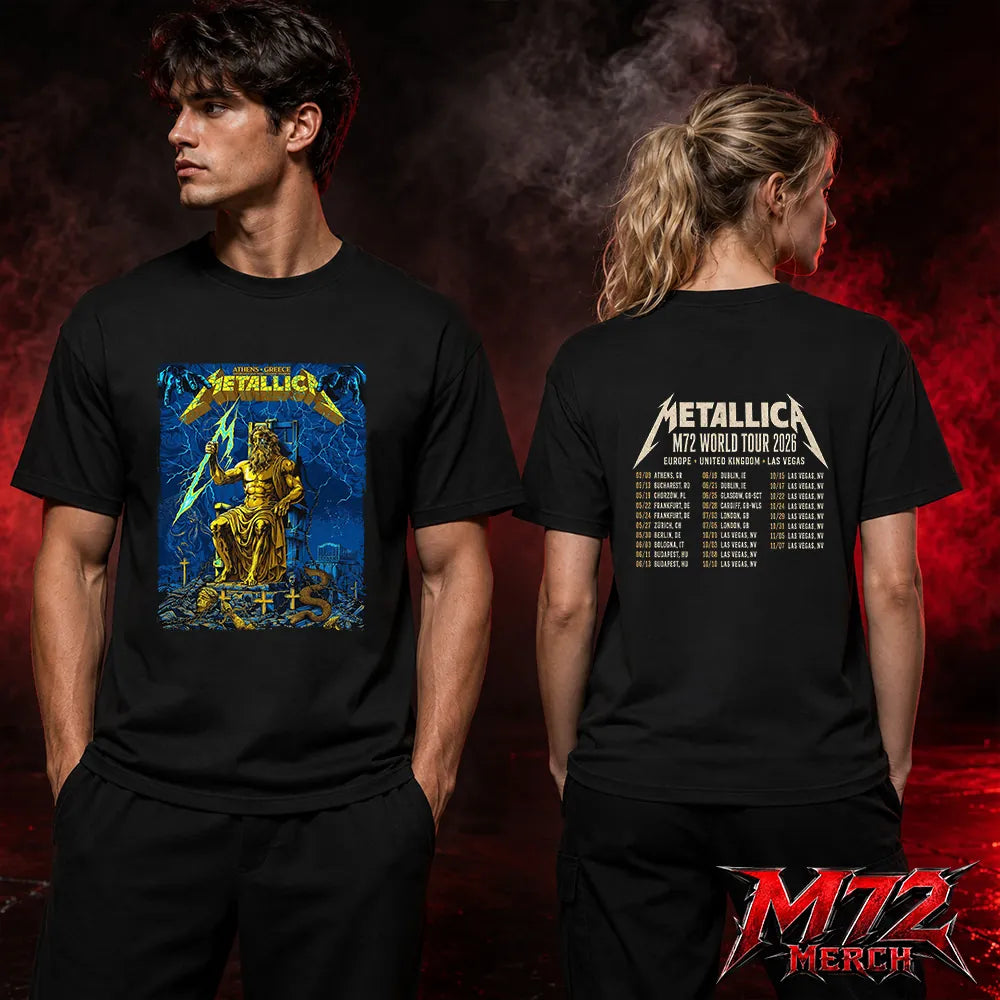 Metallica M72 World Tour May 9 2026 Athens Olympic Stadium Zeus Thunder two sided T-Shirt artwork